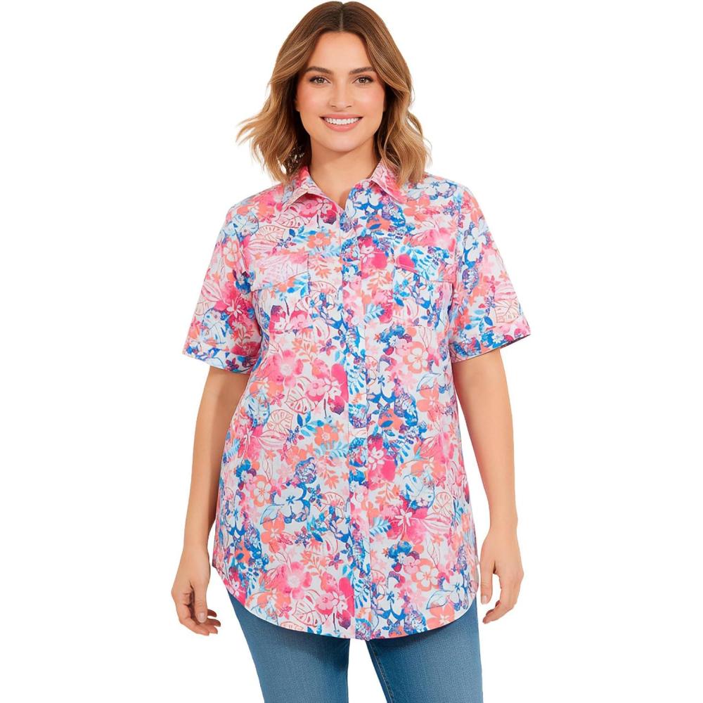 imageWoman Within Plus Size Relaxed Fit Cotton Camp ShirtWhite Multi Stamp