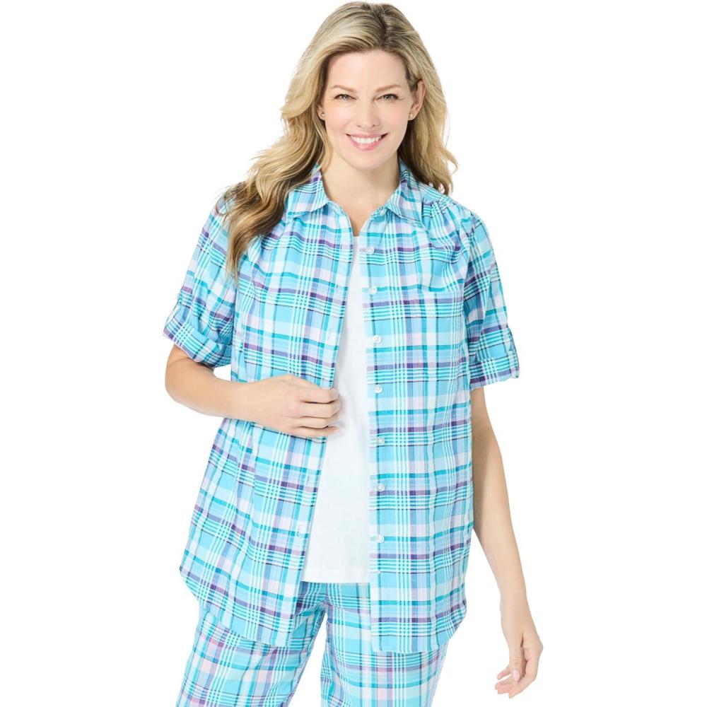 imageWoman Within Plus Size ShortSleeve ButtonDown Cotton Seersucker ShirtParadise Blue Plaid