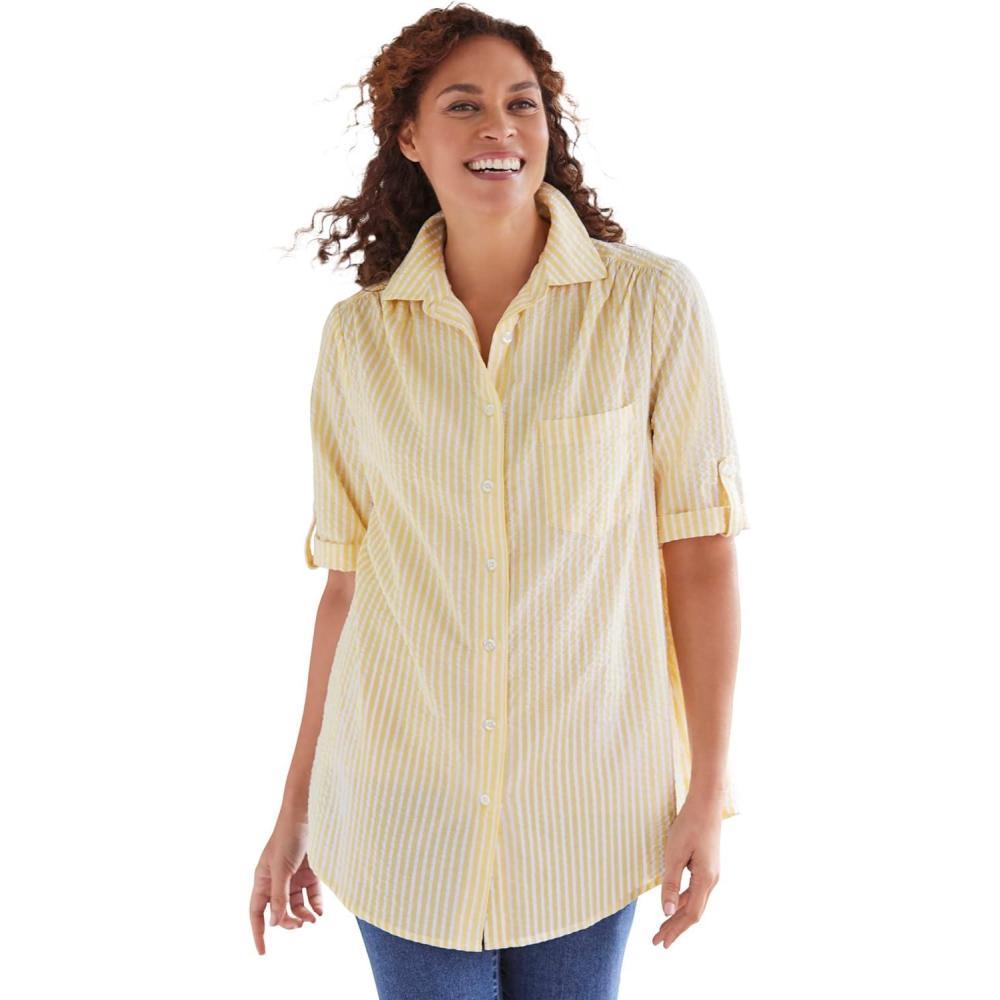 imageWoman Within Plus Size ShortSleeve ButtonDown Cotton Seersucker ShirtPrimrose Yellow Pop Stripe
