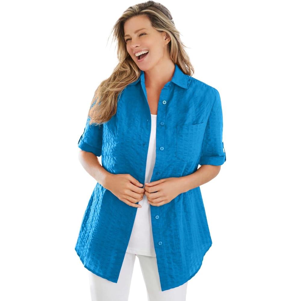 imageWoman Within Plus Size ShortSleeve ButtonDown Cotton Seersucker ShirtVibrant Blue