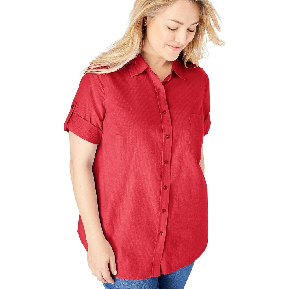 imageWoman Within Plus Size ShortSleeve ButtonDown Cotton Seersucker ShirtVivid Red