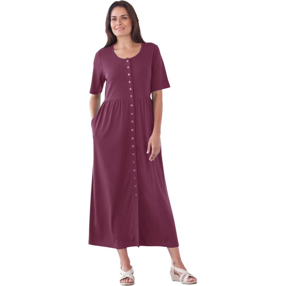 imageWoman Within Plus Size ShortSleeve ButtonFront Pocket Dress Petite AvailableDeep Claret