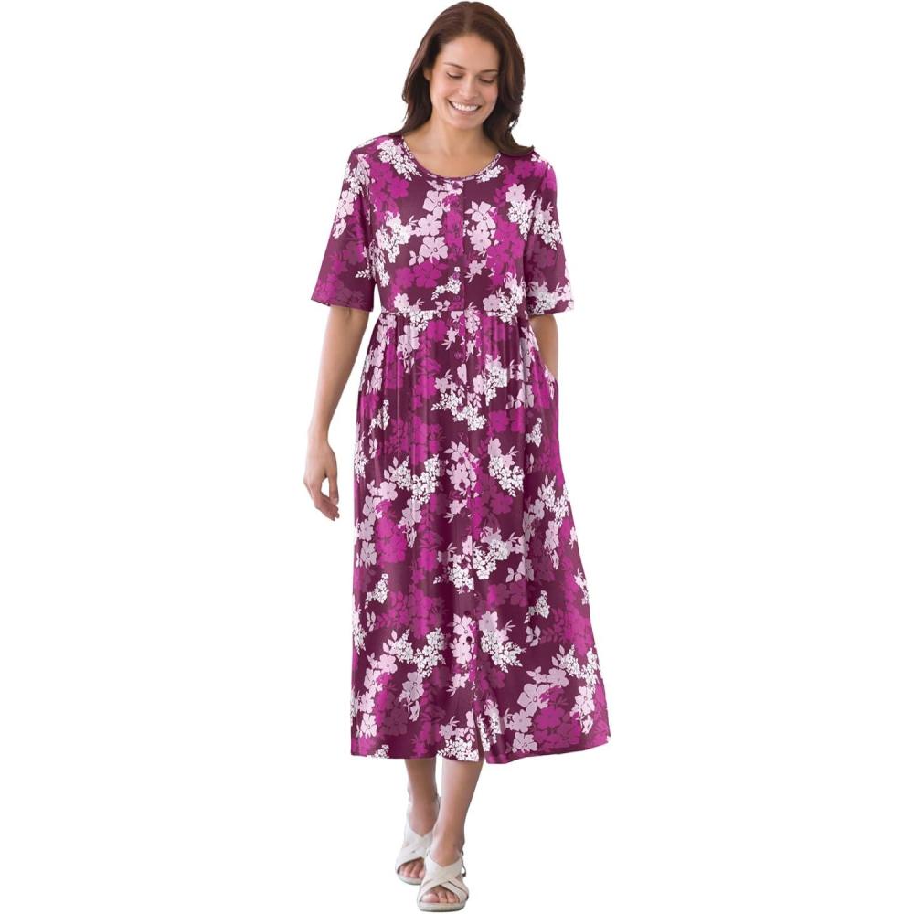 imageWoman Within Plus Size ShortSleeve ButtonFront Pocket Dress Petite AvailableDeep Claret Graphic Bloom