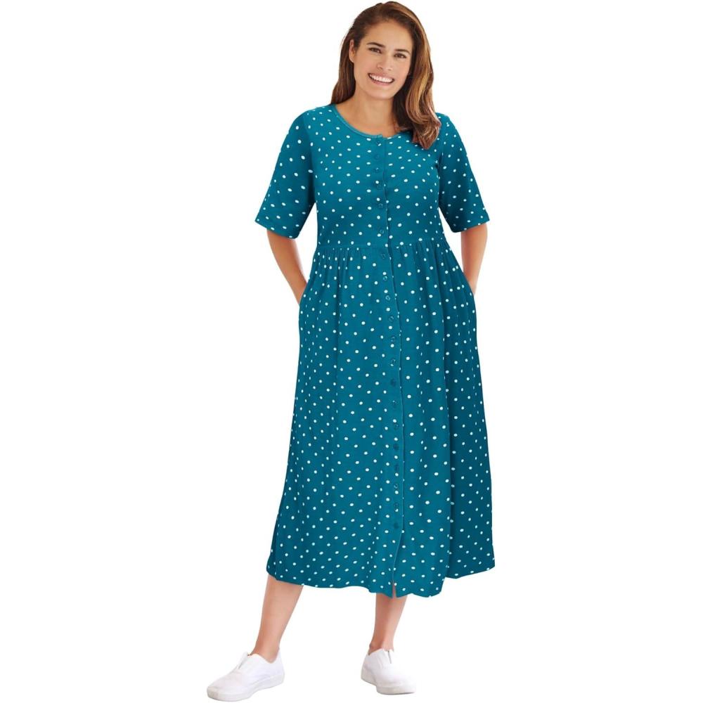 imageWoman Within Plus Size ShortSleeve ButtonFront Pocket Dress Petite AvailableDeep Teal Polka Dot
