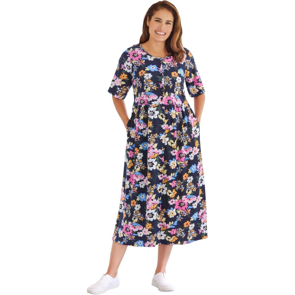 imageWoman Within Plus Size ShortSleeve ButtonFront Pocket Dress Petite AvailableNavy Multi Garden