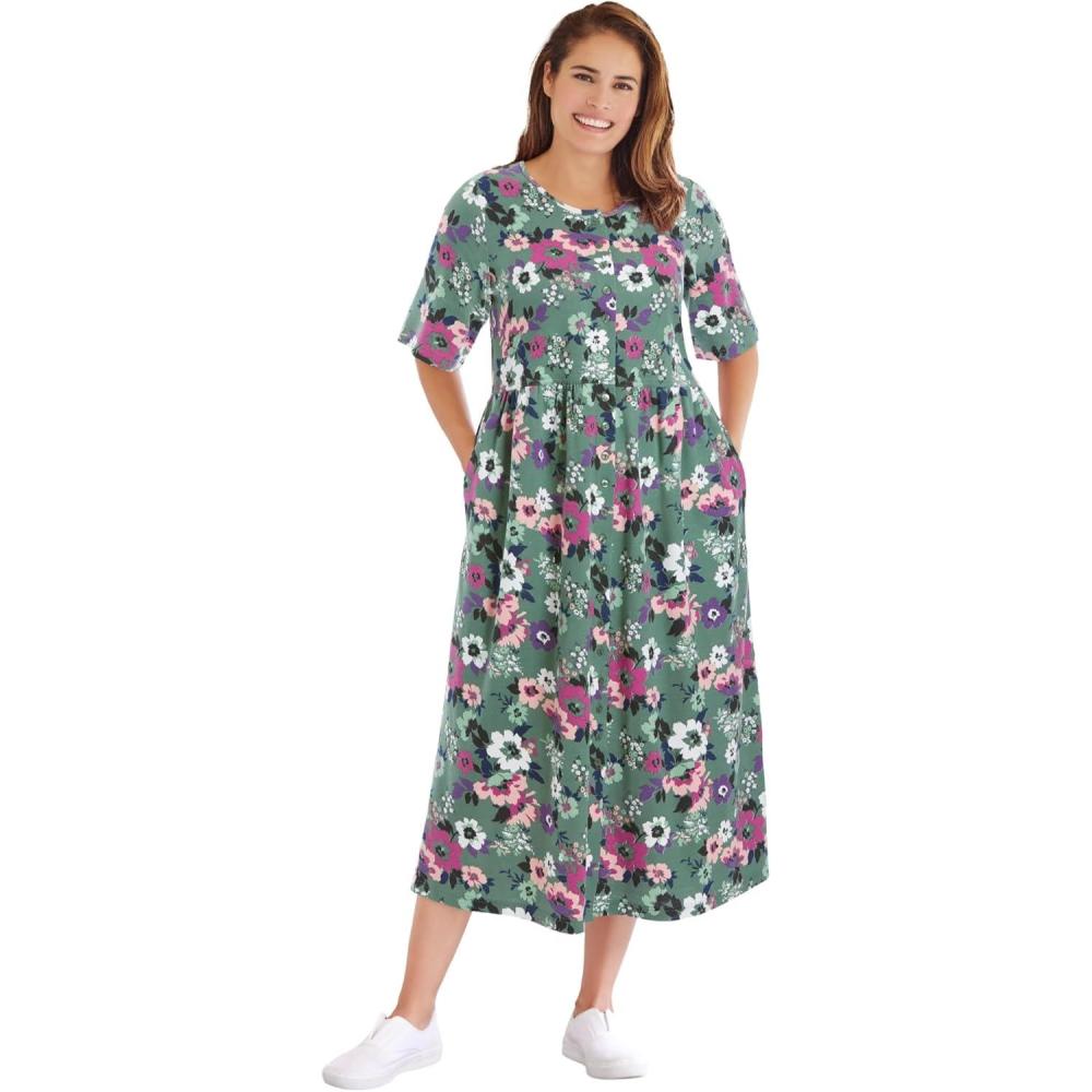 imageWoman Within Plus Size ShortSleeve ButtonFront Pocket Dress Petite AvailablePine Multi Garden