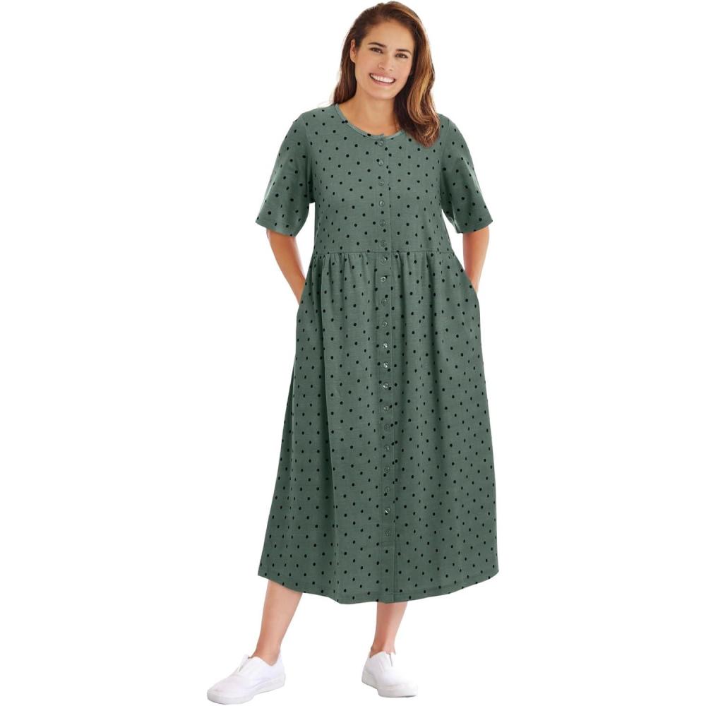 imageWoman Within Plus Size ShortSleeve ButtonFront Pocket Dress Petite AvailablePine Polka Dot
