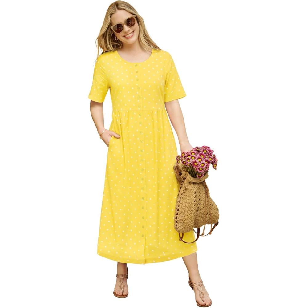 imageWoman Within Plus Size ShortSleeve ButtonFront Pocket Dress Petite AvailablePrimrose Yellow Polka Dot