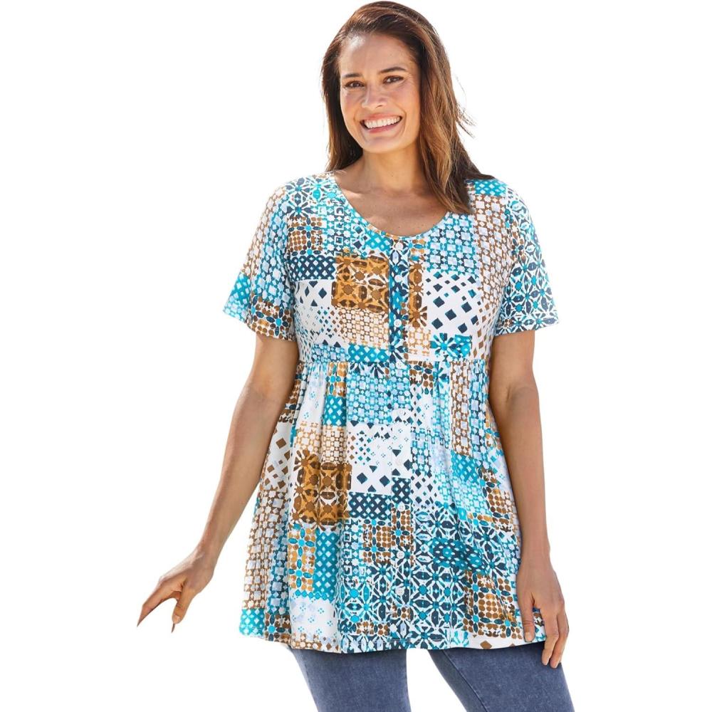 imageWoman Within Plus Size ShortSleeve Empire Waist TunicTurq Blue Patchwork