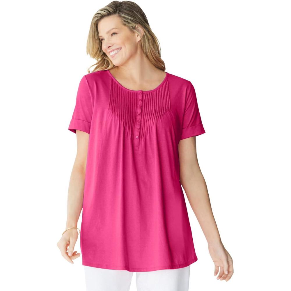imageWoman Within Plus Size ShortSleeve Pintucked Henley TunicRaspberry Sorbet
