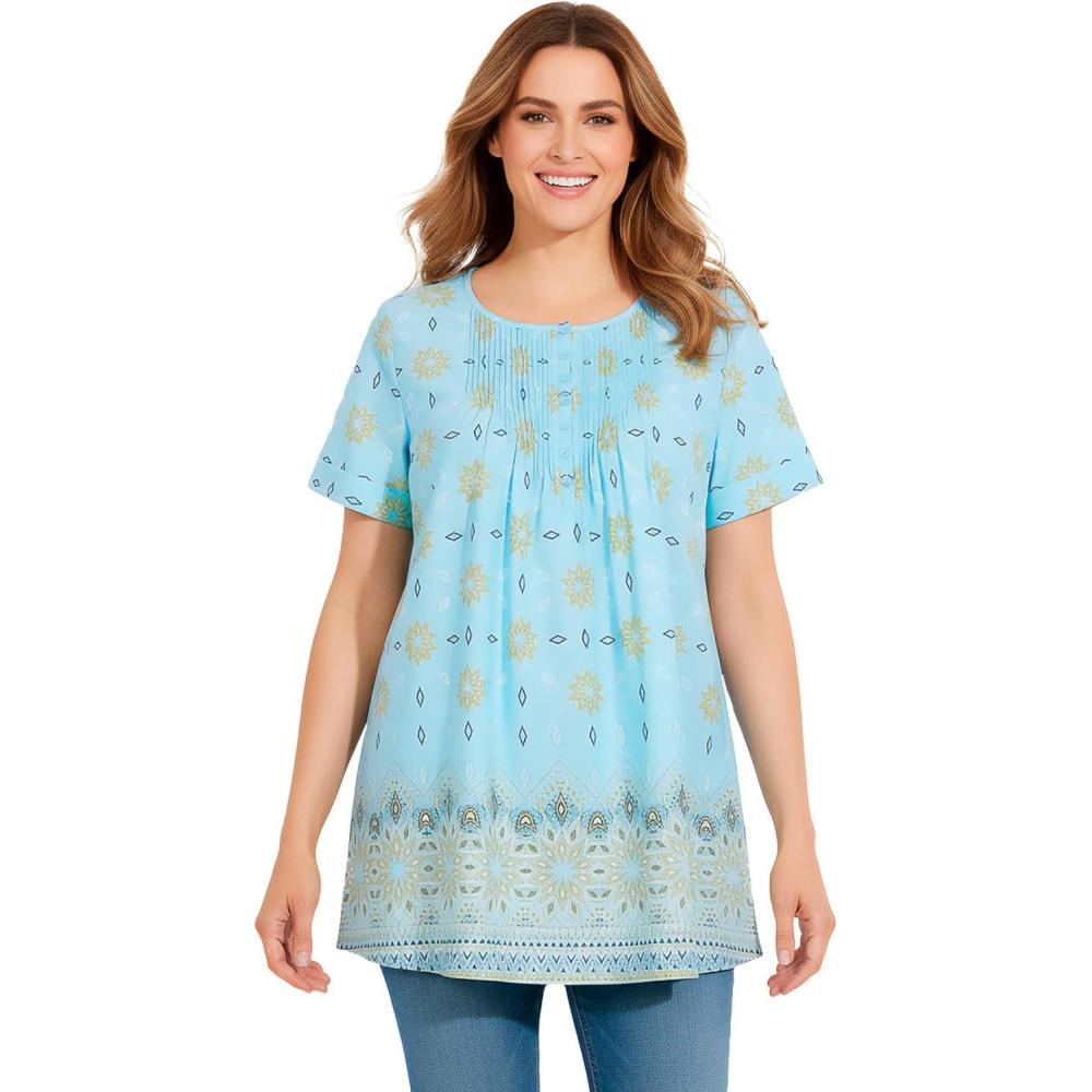 imageWoman Within Plus Size ShortSleeve Pintucked Henley TunicSeamist Blue Geo Border