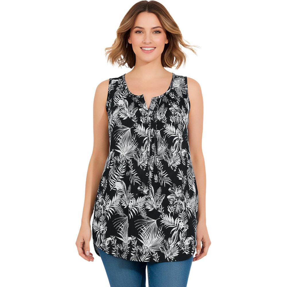 imageWoman Within Plus Size Sleeveless Pintuck Gauze ShirtBlack Palm Paradise