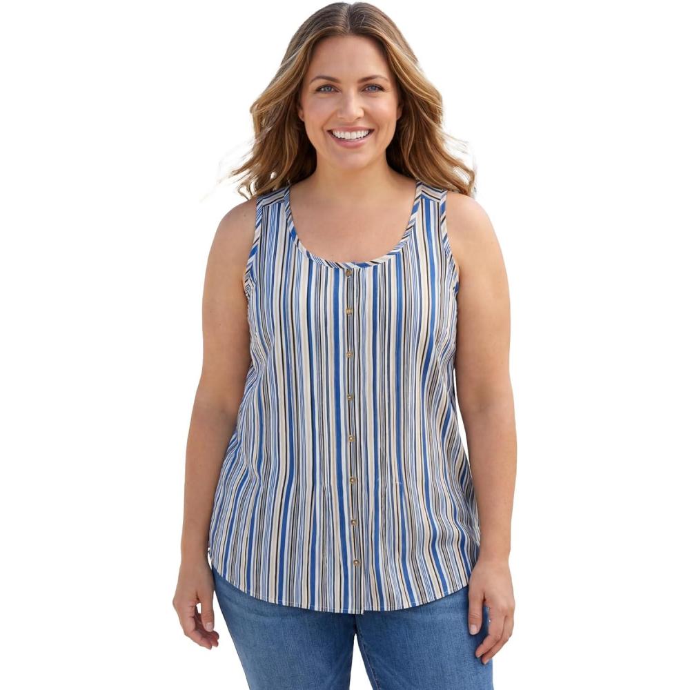 imageWoman Within Plus Size Sleeveless Pintuck Gauze ShirtDeep Cobalt Stripe