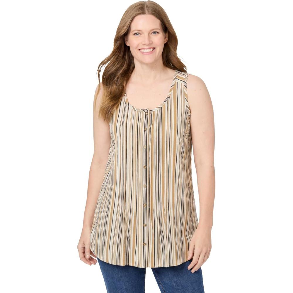 imageWoman Within Plus Size Sleeveless Pintuck Gauze ShirtNatural Khaki Stripe