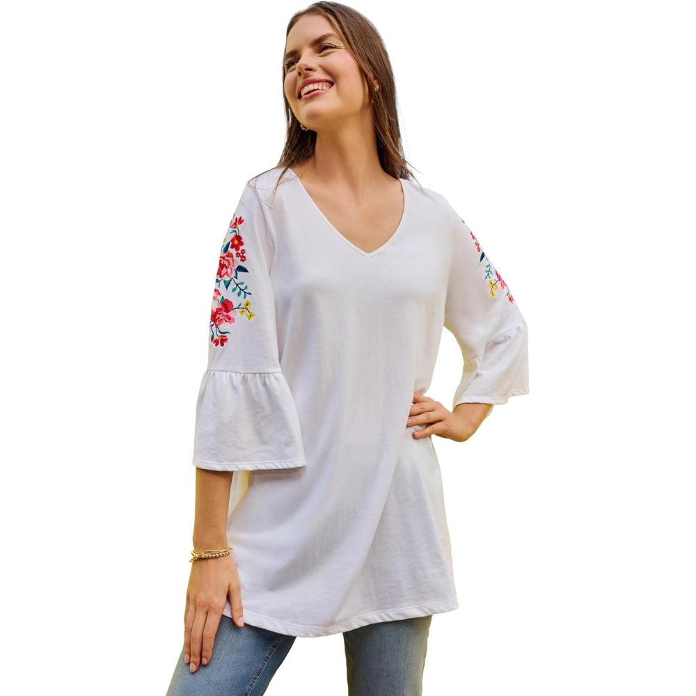 imageWoman Within Plus Size ThreeQuarter Bell Sleeve TunicWhite Petal Embroidery