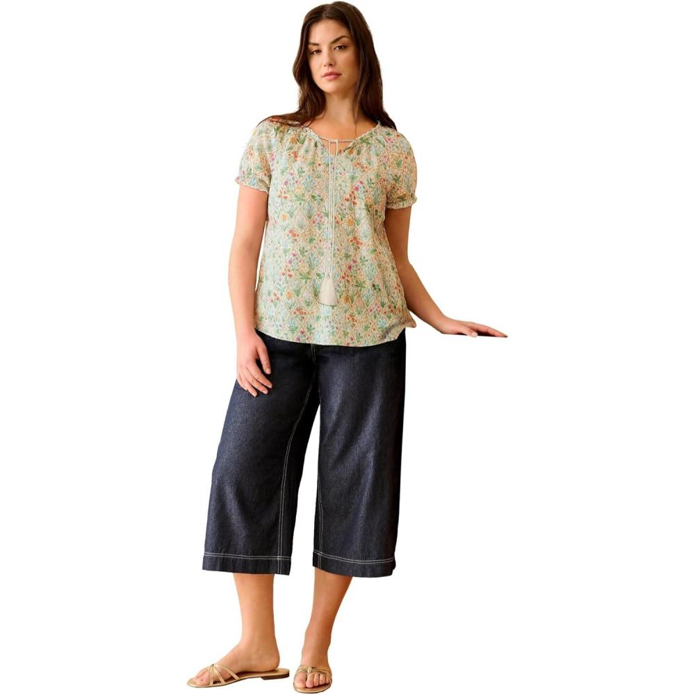 imageellos Plus Size ALine Scoop Neck Ruffle Trim 100 Cotton Cambric Peasant BlouseIvory Garden Floral