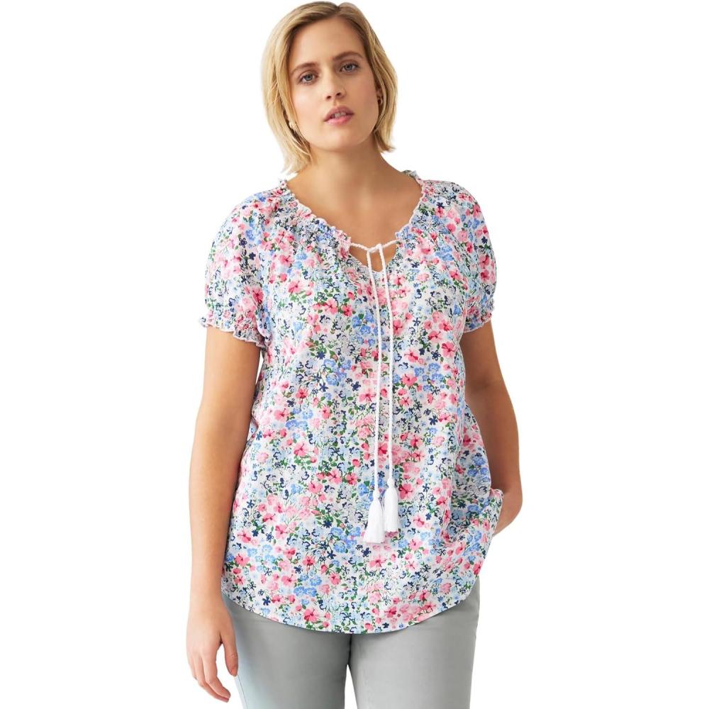 imageellos Plus Size ALine Scoop Neck Ruffle Trim 100 Cotton Cambric Peasant BlouseMulti Ditsy Floral