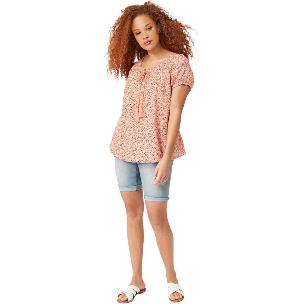 imageellos Plus Size ALine Scoop Neck Ruffle Trim 100 Cotton Cambric Peasant BlousePeach Bud Floral