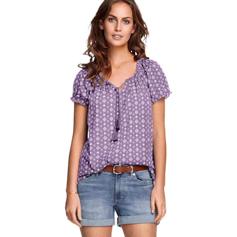 imageellos Plus Size ALine Scoop Neck Ruffle Trim 100 Cotton Cambric Peasant BlouseViolet Haze White Print