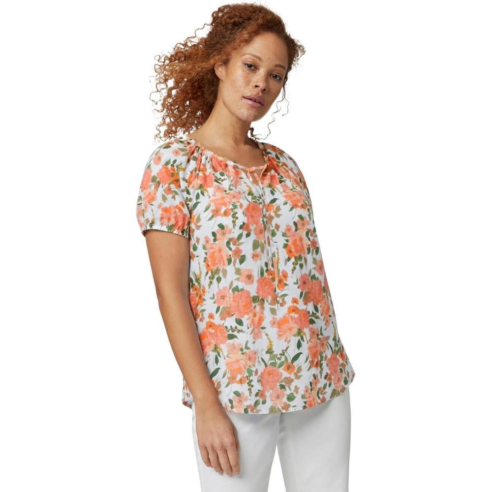 imageellos Plus Size Keyhole Neckline Peasant BlouseWhite Dusty Coral Floral