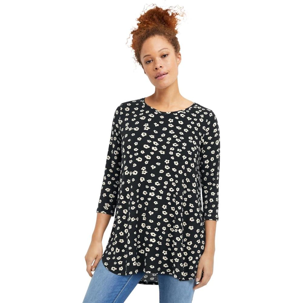 imageellos Plus Size Stretch Knit Scoop Neck 34 Sleeve Curved Hem TunicBlack Ivory Floral