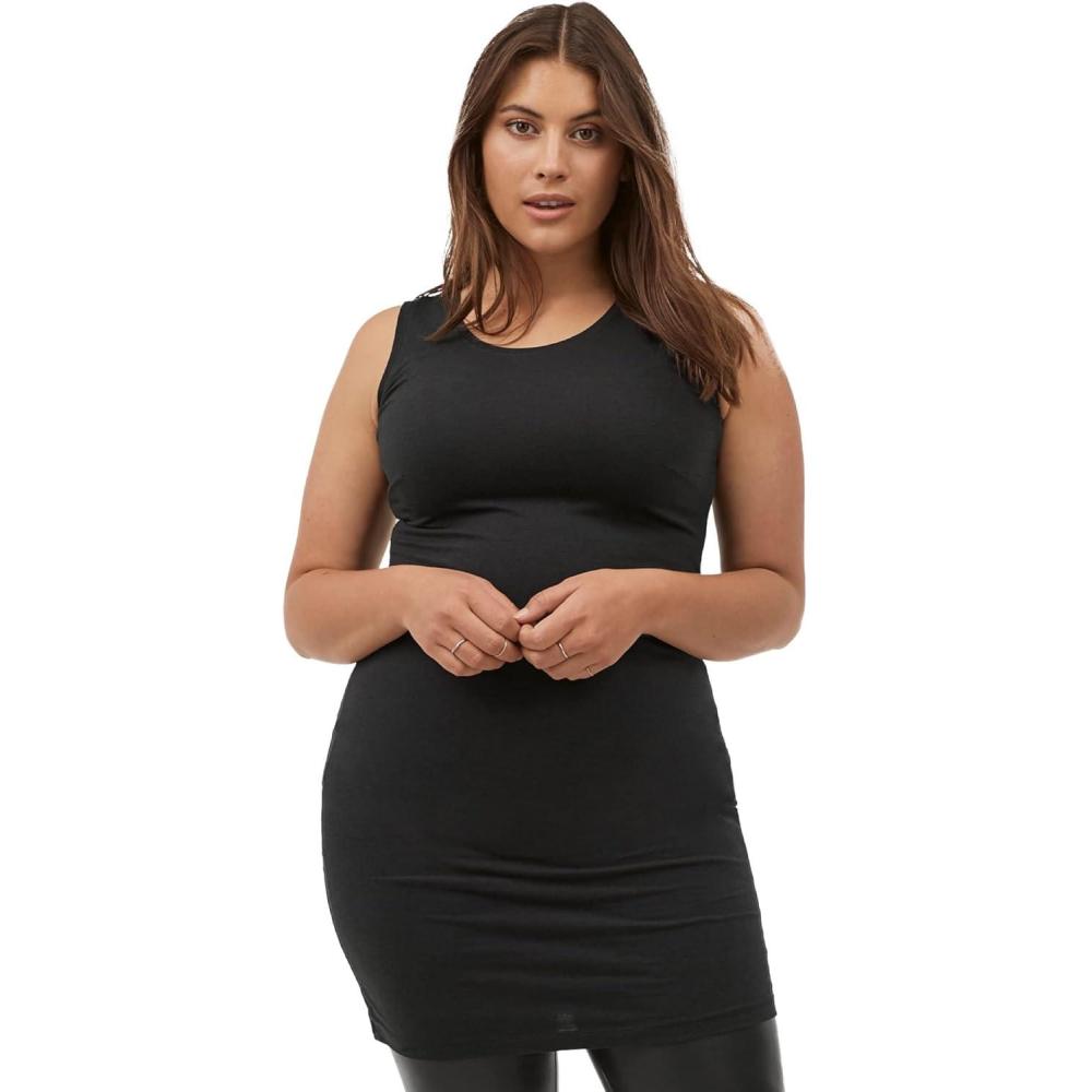 imageellos Plus Size Stretch Knit Scoop Neck Sleeveless Long TankBlack