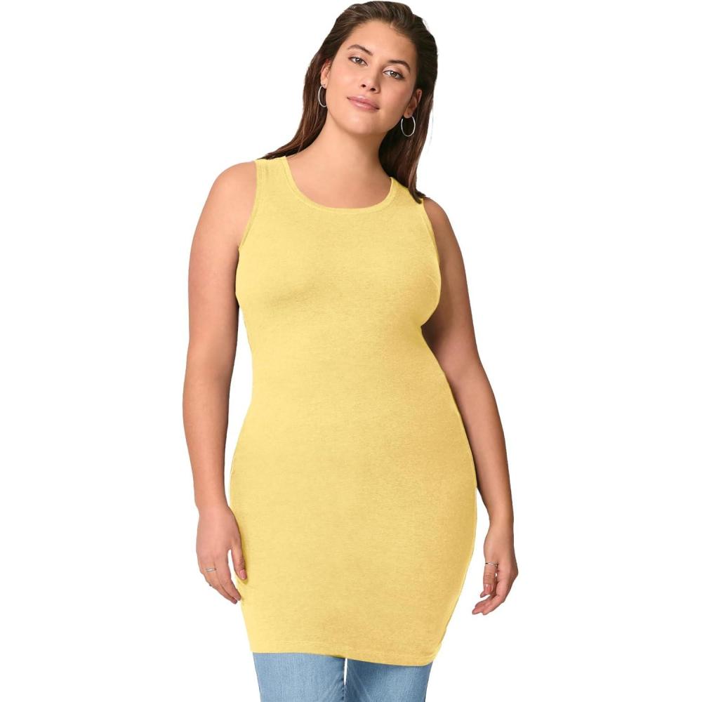 imageellos Plus Size Stretch Knit Scoop Neck Sleeveless Long TankButter