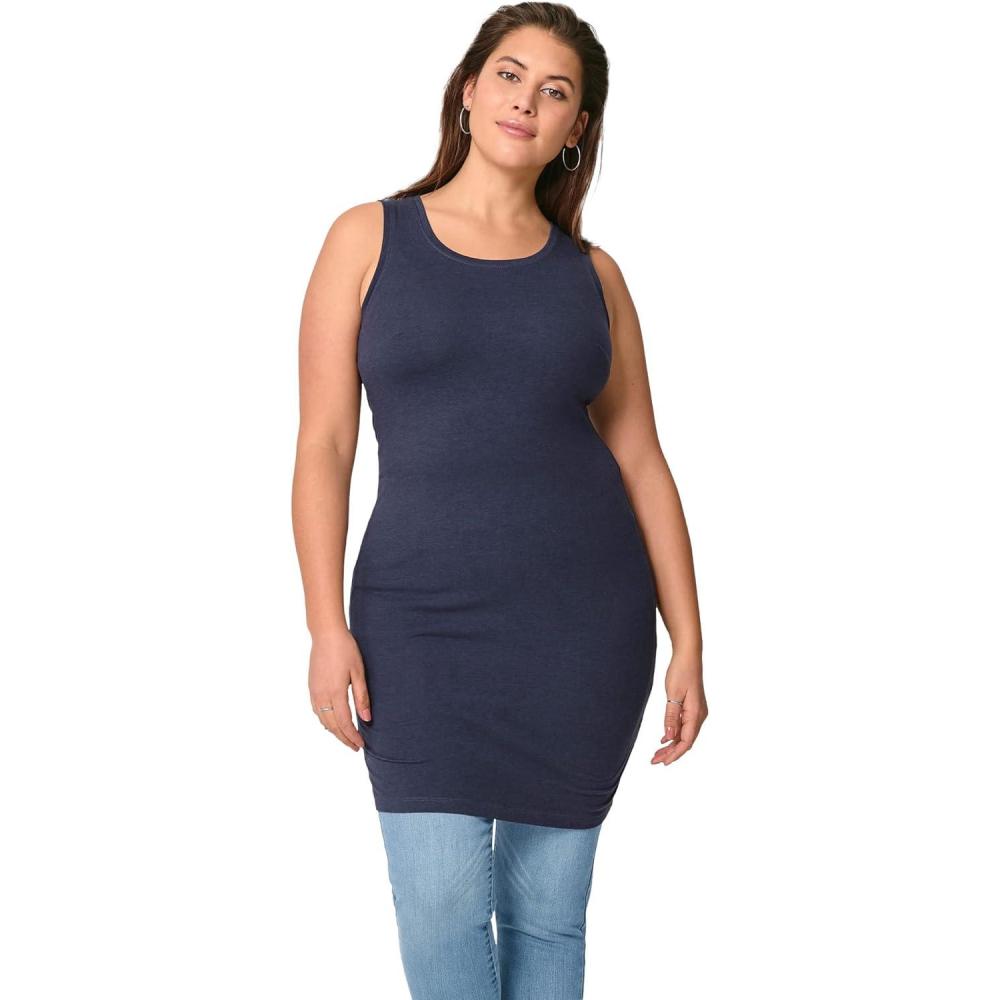 imageellos Plus Size Stretch Knit Scoop Neck Sleeveless Long TankNavy