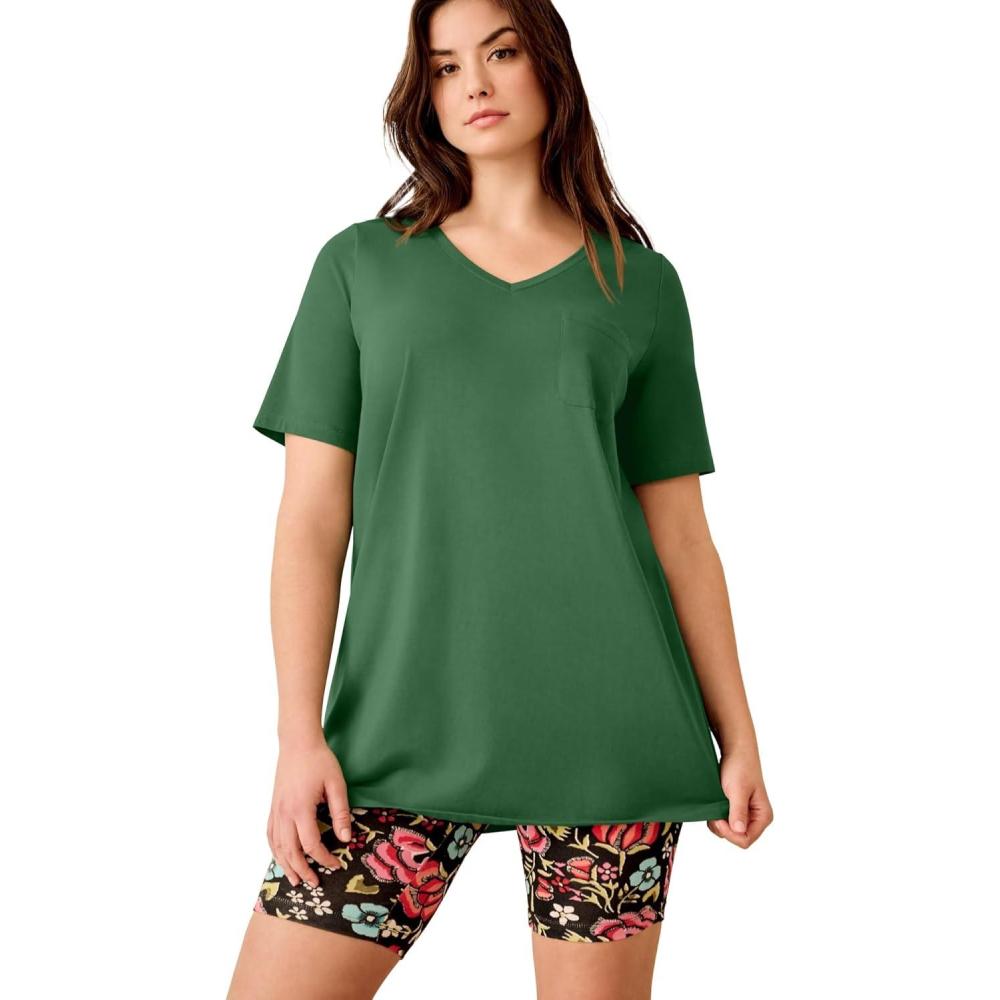imageellos Plus Size Stretch Knit VNeck Short Sleeve Chest Pocket TunicForest Jade
