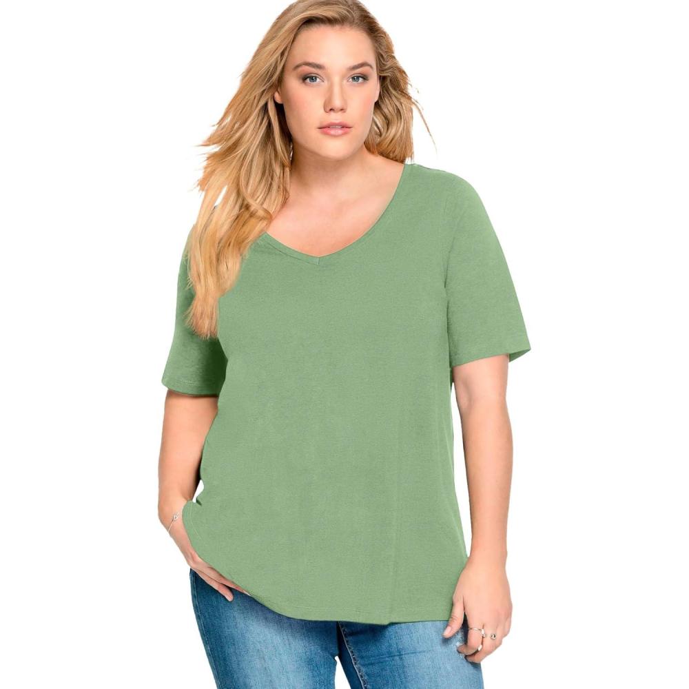 imageellos Plus Size Stretch Knit VNeck Short Sleeve TunicSage Mist