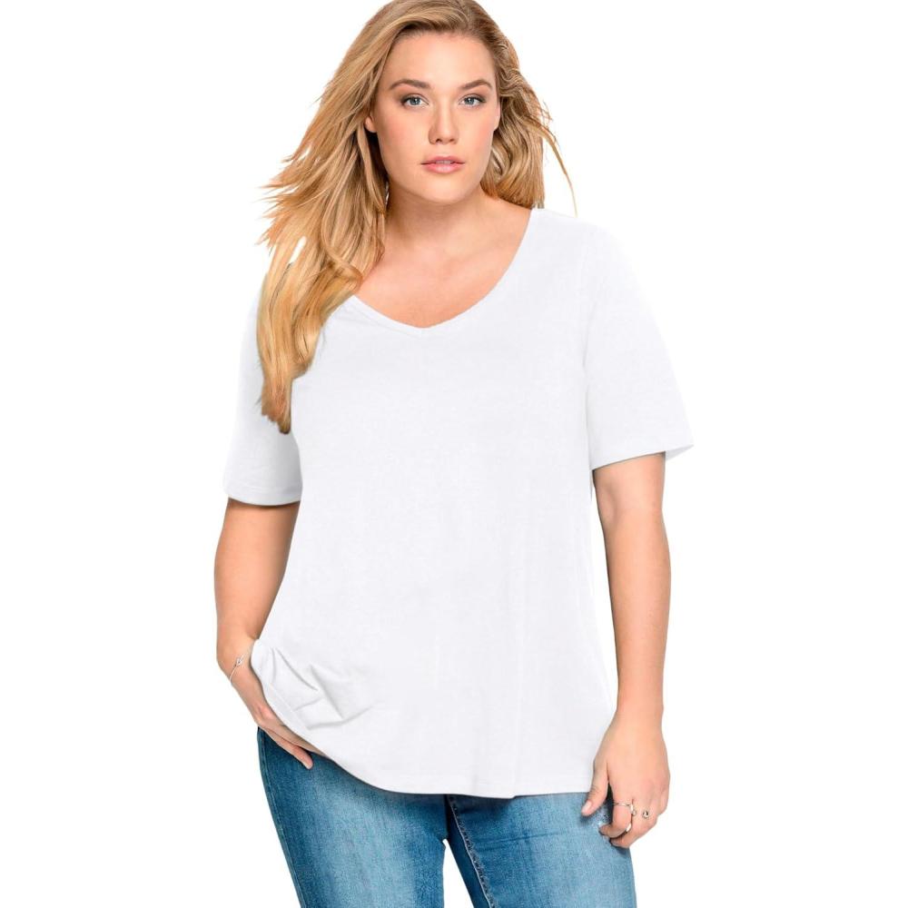 imageellos Plus Size Stretch Knit VNeck Short Sleeve TunicWhite