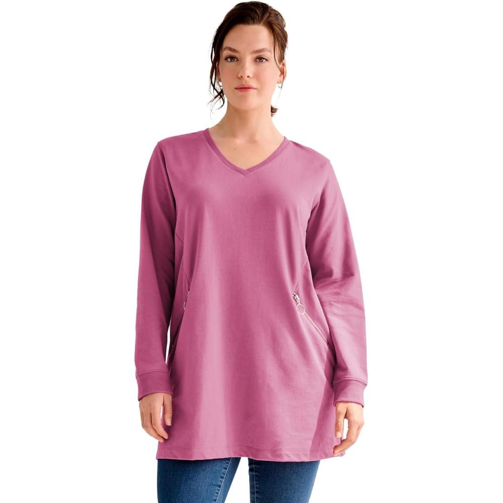 imageellos Plus Size Zip Pocket French Terry Sweatshirt TunicCherry Glow