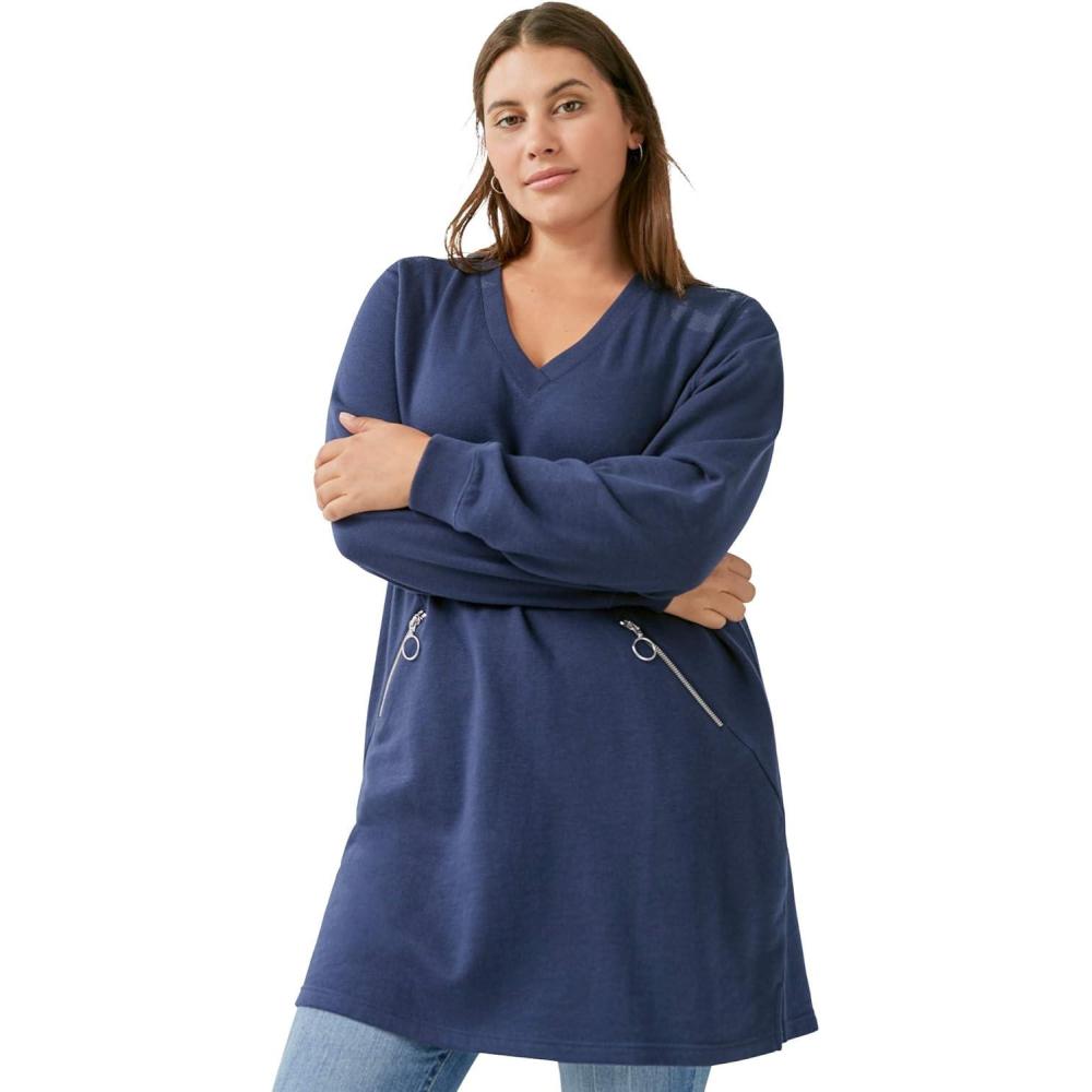 imageellos Plus Size Zip Pocket French Terry Sweatshirt TunicNavy