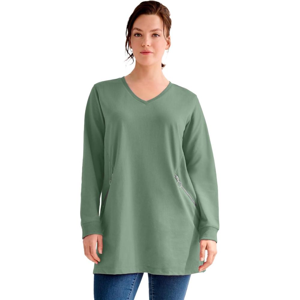 imageellos Plus Size Zip Pocket French Terry Sweatshirt TunicOlive Drab