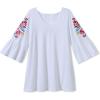 Woman Within Plus Size Three-Quarter Bell Sleeve Tunic(White Petal Embroidery)