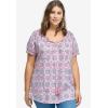 ellos Plus Size A-Line Scoop Neck Ruffle Trim 100% Cotton Cambric Peasant Blouse(Dark Sapphire White Print)