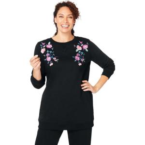 Woman Within Plus Size Crewneck Fleece Sweatshirt(Black Floral Vine Embroidery)