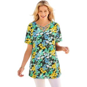 Woman Within Plus Size Criss Cross Tee(Black Yellow Pop Floral)