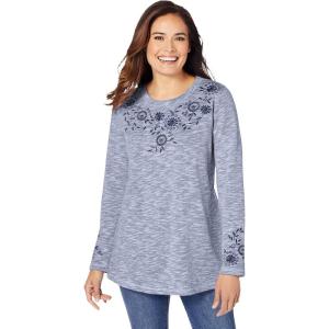 Woman Within Plus Size Floral Embroidered Sweatshirt Tee(Evening Blue Marled Embroidery)