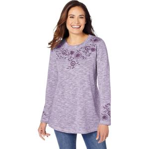 Woman Within Plus Size Floral Embroidered Sweatshirt Tee(Radiant Purple Marled Embroidery)