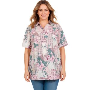Woman Within Plus Size No Iron Short Sleeve Peachskin Shirt(New Khaki Multi Patchwork)
