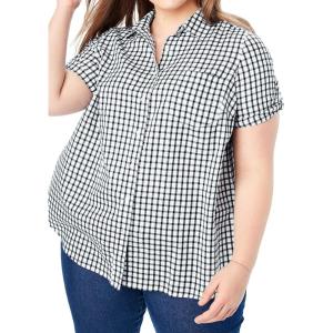 Woman Within Plus Size Short-Sleeve Button-Down Cotton Seersucker Shirt(Black Gingham)