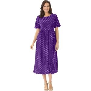 Woman Within Plus Size Short-Sleeve Button-Front Pocket Dress (Petite Available)(Radiant Purple Polka Dot)