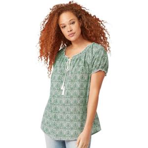 ellos Plus Size A-Line Scoop Neck Ruffle Trim 100% Cotton Cambric Peasant Blouse(Tropical Green Medallion)