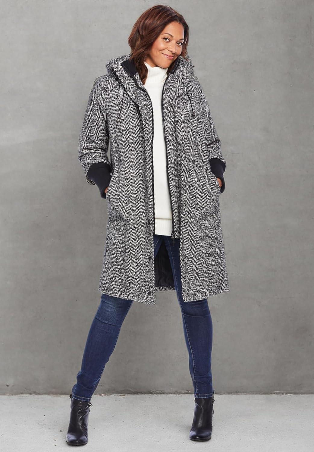imageWoman Within Plus Size RibKnit Trim Wool Blend CoatBlack Herringbone
