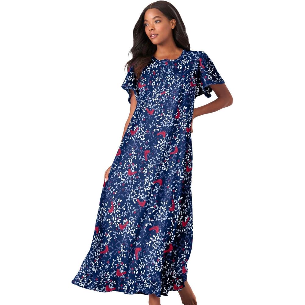 imageDreams amp Co Plus Size Long Floral Print Cotton GownEvening Blue Cardinals