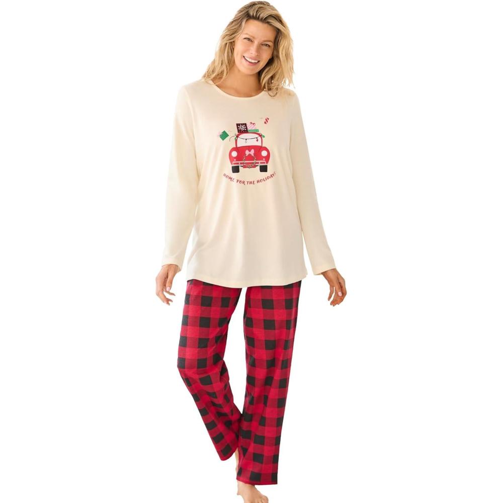 imageDreams amp Co Plus Size Long Sleeve Knit PJ SetRed Buffalo Plaid Car