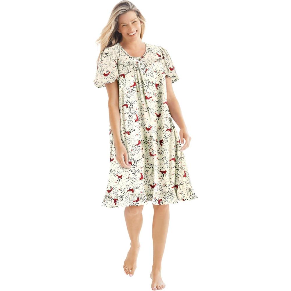 imageDreams amp Co Plus Size Short Floral Print Cotton GownClassic Red Birds
