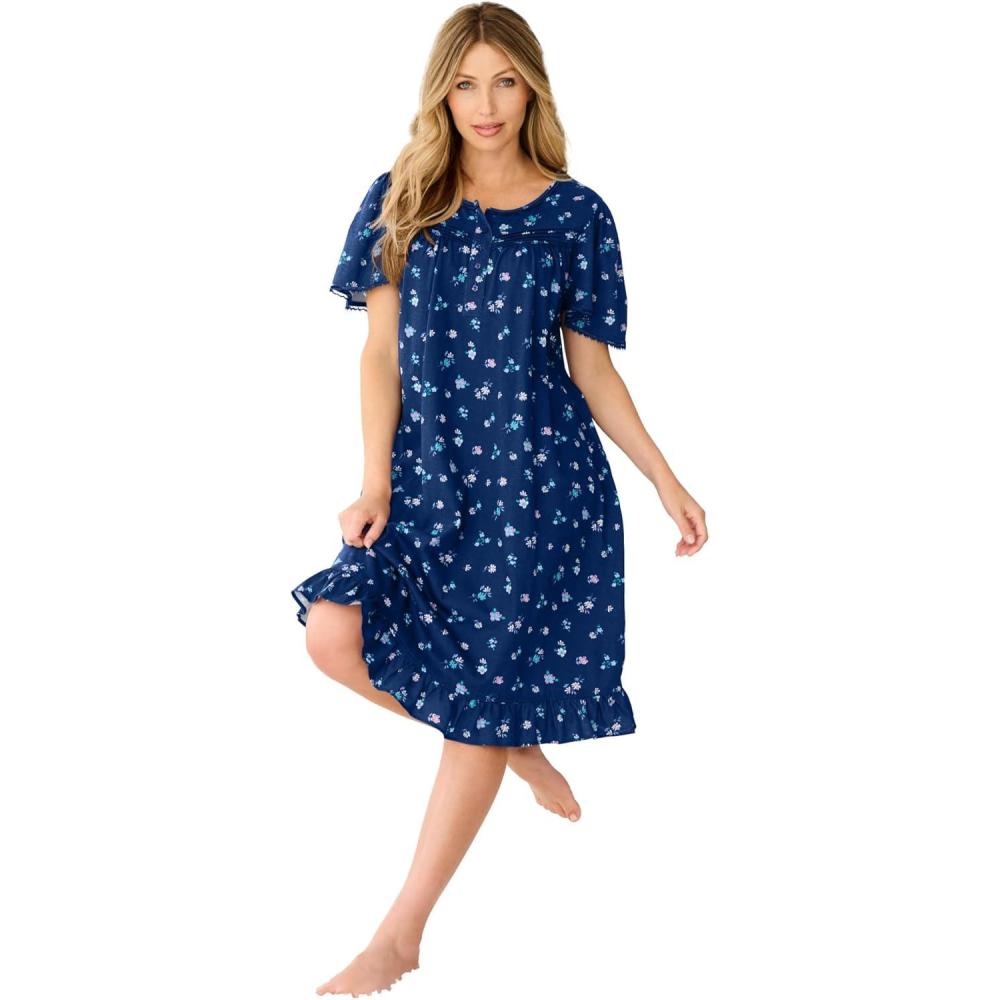 imageDreams amp Co Plus Size Short Floral Print Cotton GownEvening Blue Flowers