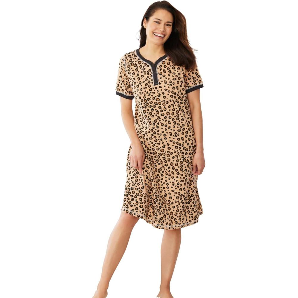imageDreams amp Co Plus Size Short Henley SleepshirtClassic Leopard